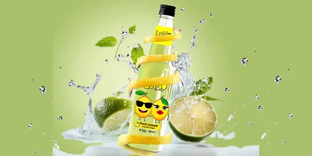 Refreshing Lomo Classic Lemonade bottle with lemon slices and splashing water on a vibrant green background.